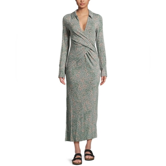 Free People Shayla Floral Long Sleeve Wrap Midi Dress Size S - Mint Combo - NWT - Picture 1 of 16